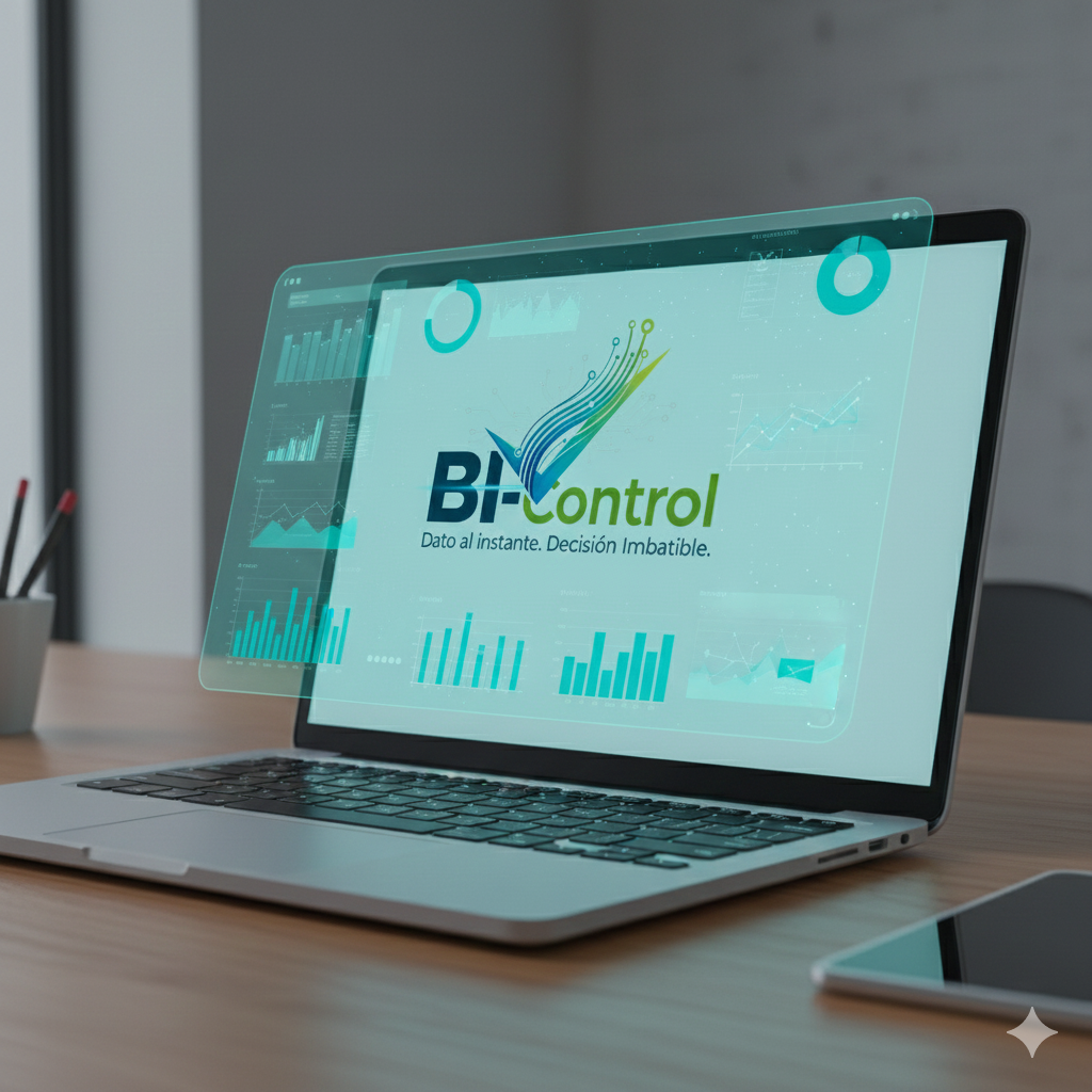 Representación de un panel de Business Intelligence y control en un laptop.